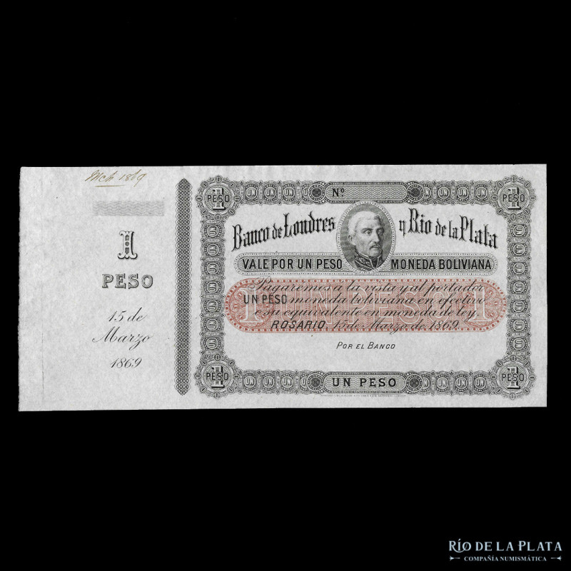 Argentina. Santa Fé, Rosario. Banco de Londres y Río de la Plata. Specimen 1 Pes...