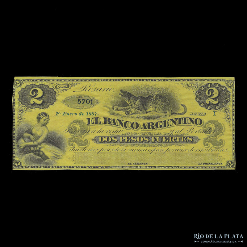 Argentina. Santa Fe. El Banco Argentino (Rosario) 2 Pesos Fuertes 1867 Remainder...