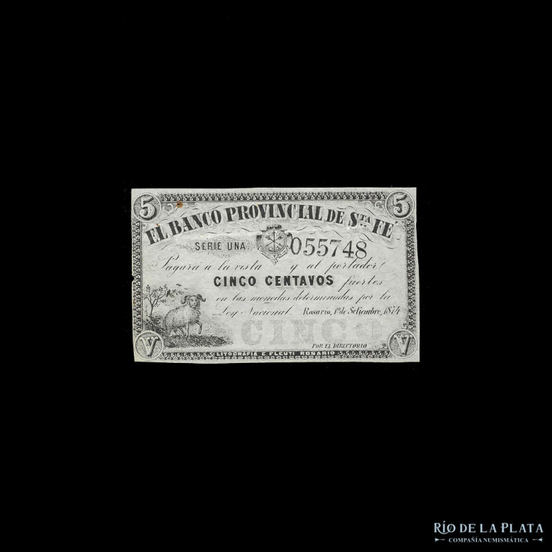 Argentina. Santa Fe. Banco Provincial de Santa Fe. 5 Centavos Fuertes 1874 Remai...