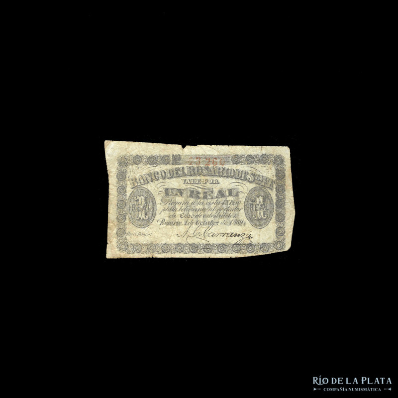 Argentina. Santa Fe. Banco Rosario de Santa Fe. 1 Real Plata Boliviana 1869. Fir...