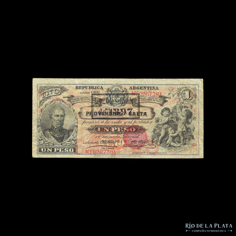 Argentina. Bancos Garantidos. Banco Provincial de Salta. 1 Peso 1888, con resell...