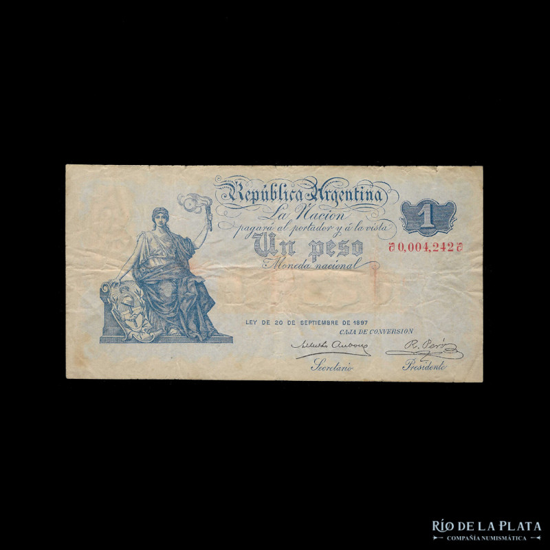 Argentina. Caja de Conversión, Macro. 1 Peso 1900 serie signos antes y después. ...