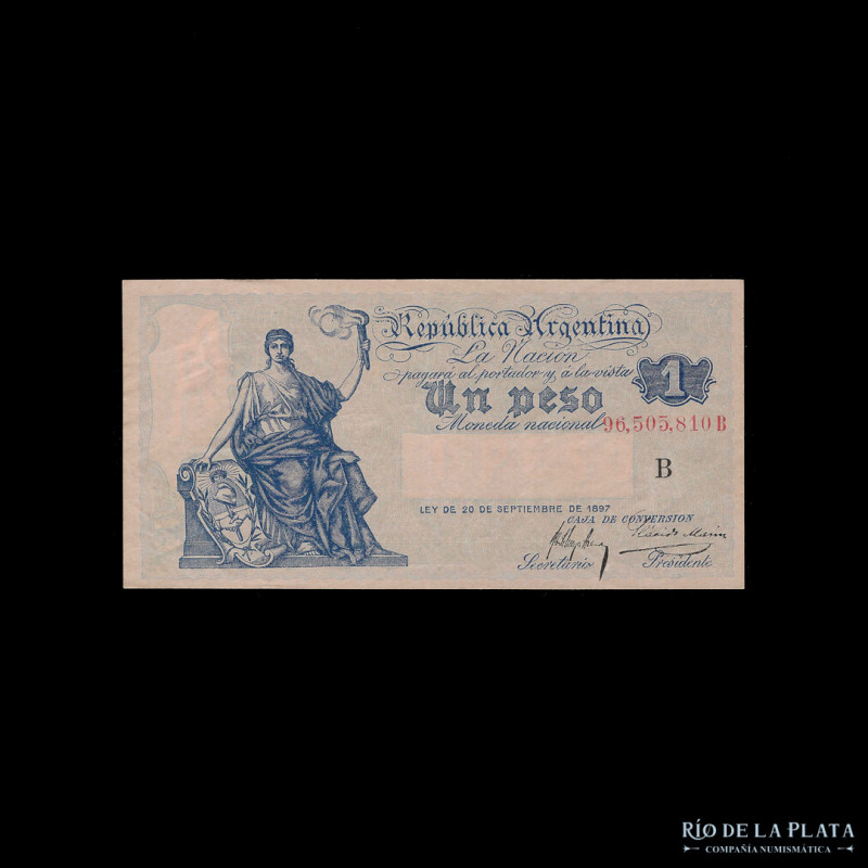 Argentina. Caja de Conversión. 1 Peso 1920 serie B. Firmas: Meyer Arana - Marín....