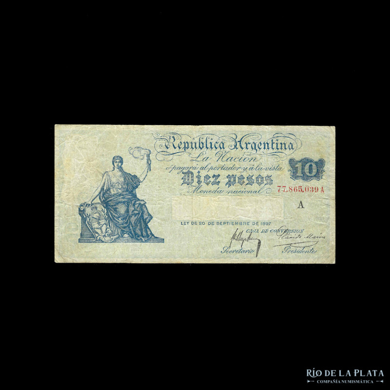 Argentina. Caja de Conversión. 10 Pesos 1923 serie A. Firmas: Meyer Arana - Mari...