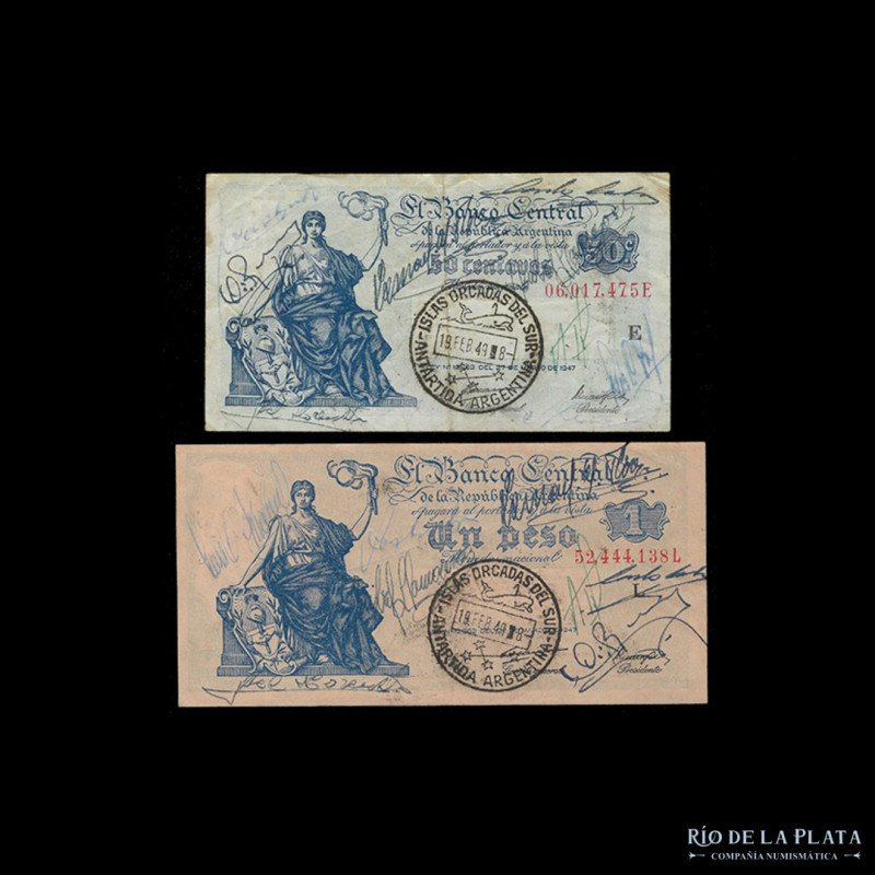 Argentina. Progreso. Lote x 4 billetes con matasello Islas Orcadas del Sur - Ant...