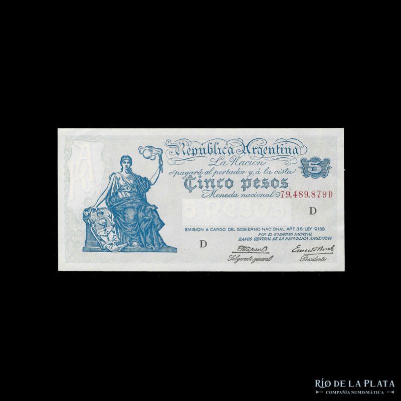 Argentina. BCRA Serie Progreso. 5 Pesos 1944 serie D. Firmas: Gagneaux - Bosch. ...