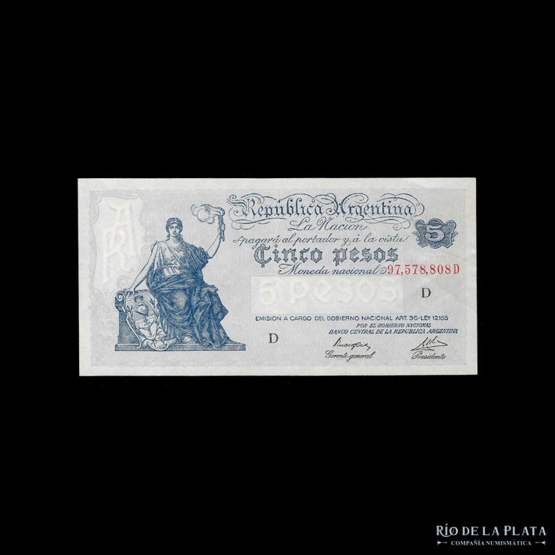 Argentina. BCRA Serie Progreso. 5 Pesos 1946 serie D. Firmas: Maroglio - Miranda...