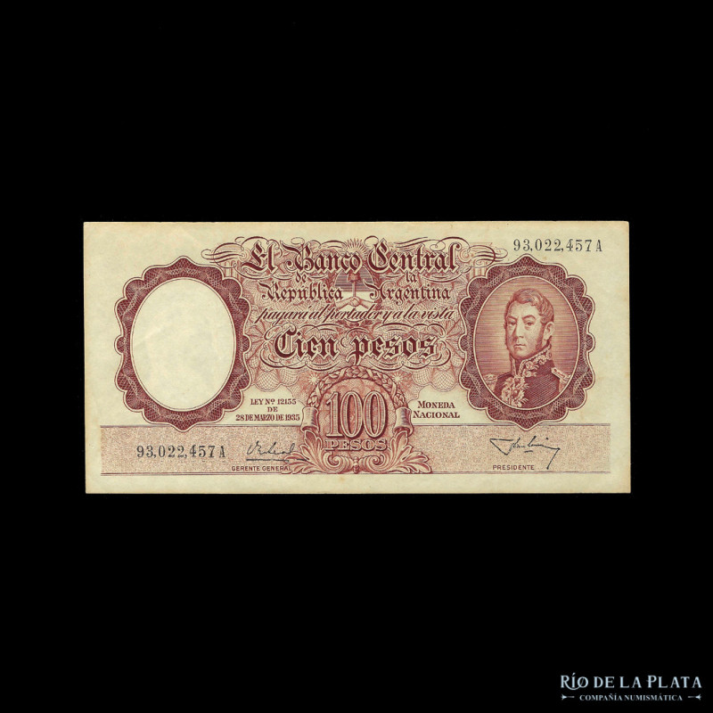 Argentina. BCRA Moneda Nacional - San Martín jóven. 100 Pesos 1957 serie A. Firm...