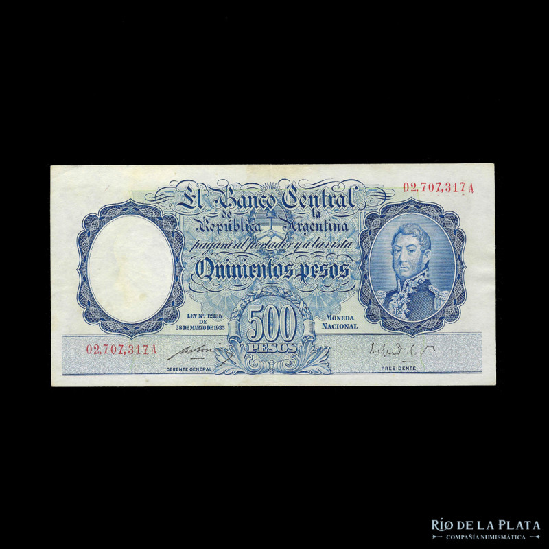 Argentina. BCRA Moneda Nacional - San Martín jóven. 500 Pesos 1949 serie A, núme...