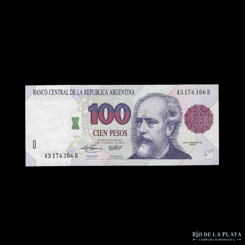 Argentina. Pesos Convertibles 1° Diseño. 100 Pesos 1995, serie B. Firmas: Fernan...