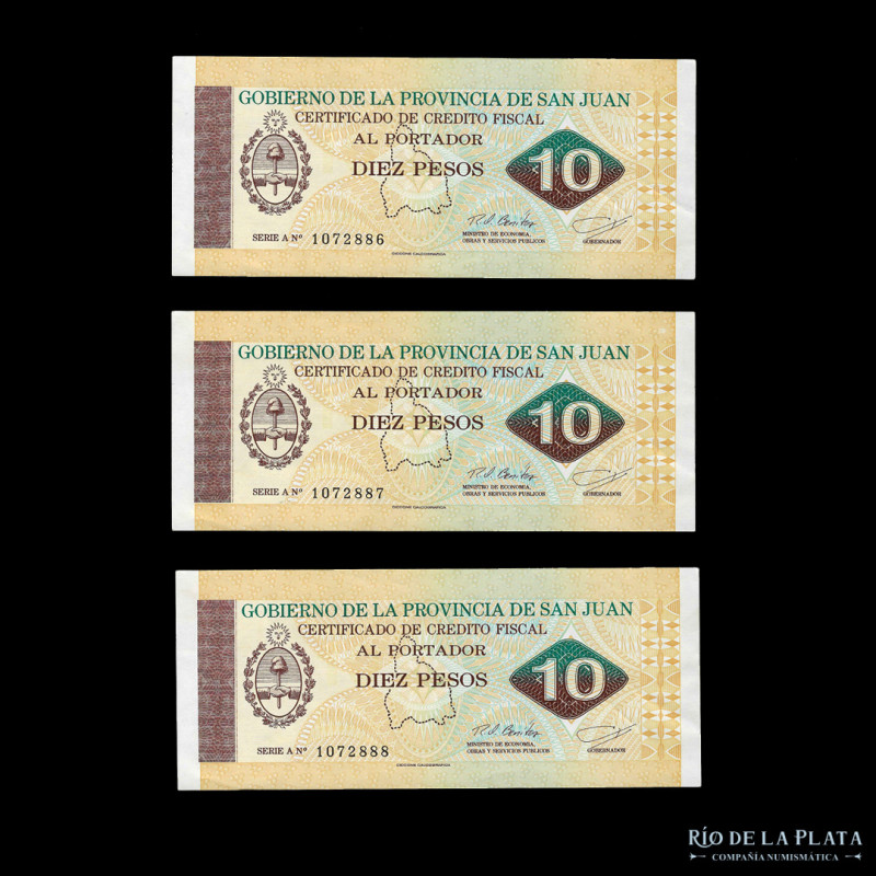 Argentina. San Juan. 3 x Bonos 10 Pesos 1995 CREFI correlativos. Col 426 (AU) 
...