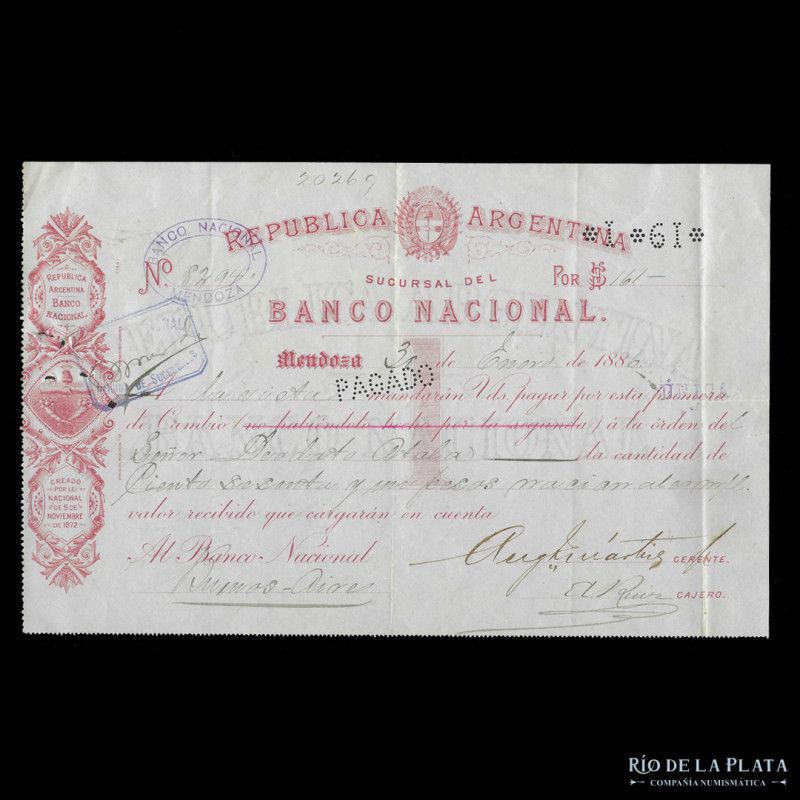 Argentina. Banco Nacional Suc Mendoza, Mendoza. Cheque 1886. (XF)

USD 25 - 50...