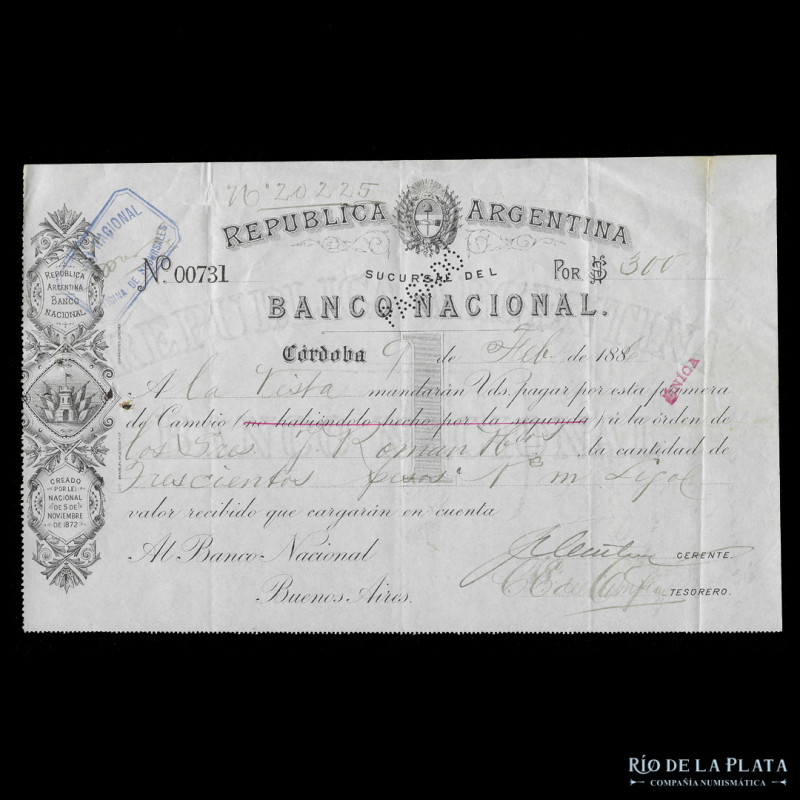 Argentina. Banco Nacional Suc Rio Córdoba, Córdoba. Cheque 1886. (XF)

USD 25 ...