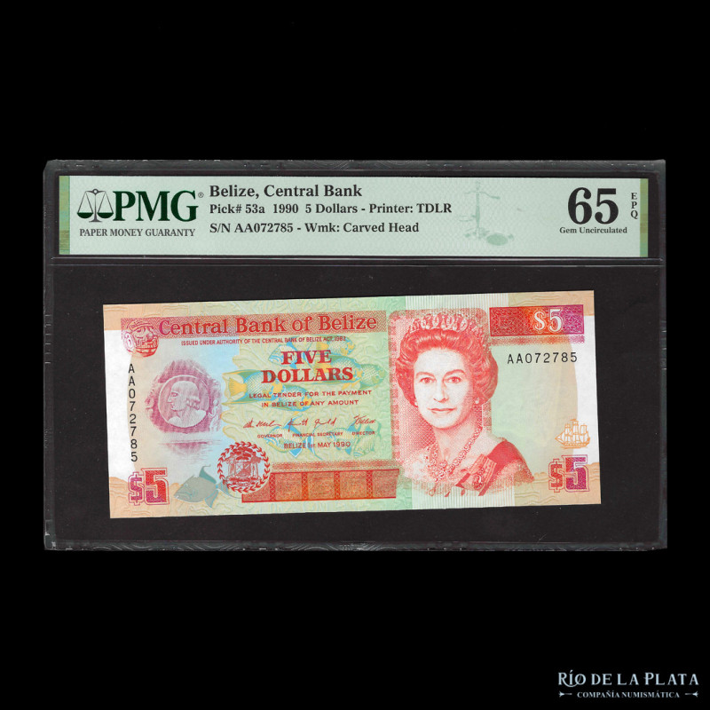 Belize. 5 Dollars 1990. Pick 53a. Certificado PMG 65 EPQ Gem Uncirculated

USD...