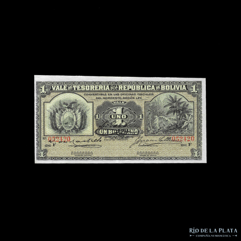 Bolivia. Vale de Tesorería. 1 Boliviano 1902. Serie F. Impreso en ABNC. Pick 92a...