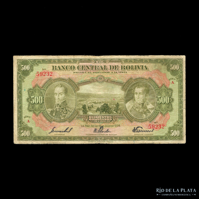 Bolivia. Banco Central. 500 Bolivianos 1928 A. 1º Emisión. Firmas manuscritas. P...