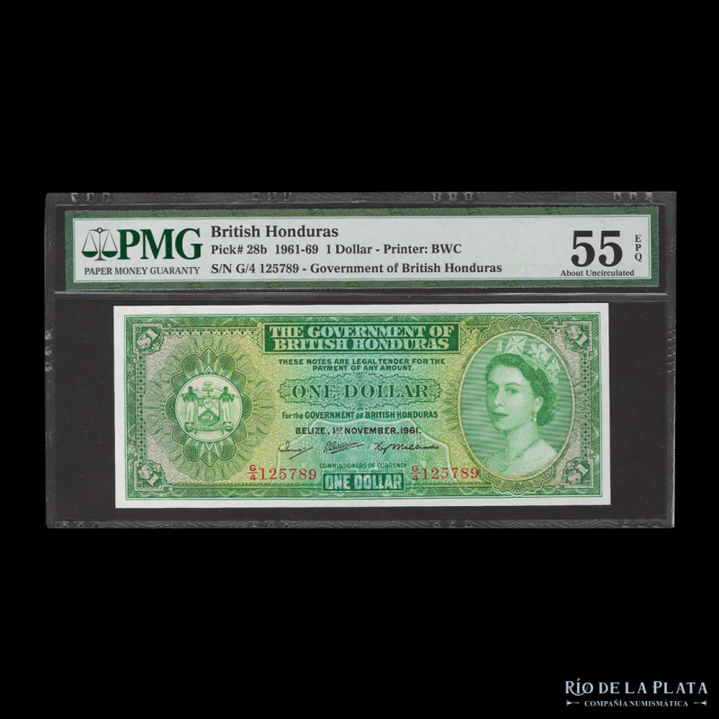 British Honduras. 1 Dollar 1961. Pick 28b. Certificado PMG 55 EPQ About Uncircul...