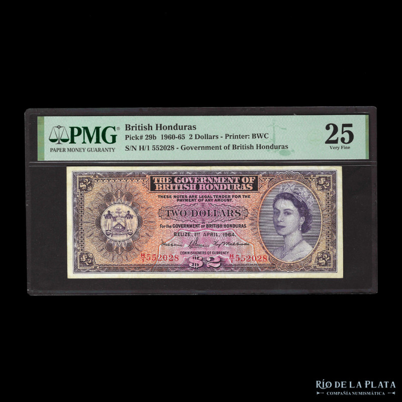 British Honduras. 2 Dollars 1964. Pick 29b. Certificado PMG 25 Very Fine

USD ...