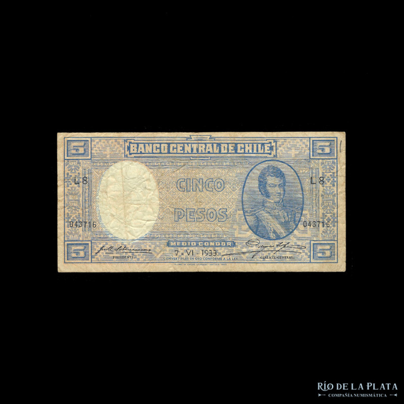 Chile. 5 Pesos = 1/2 Cóndores 1933. Firmas: Subercaseaux & Meyerholz. Pick 91b (...