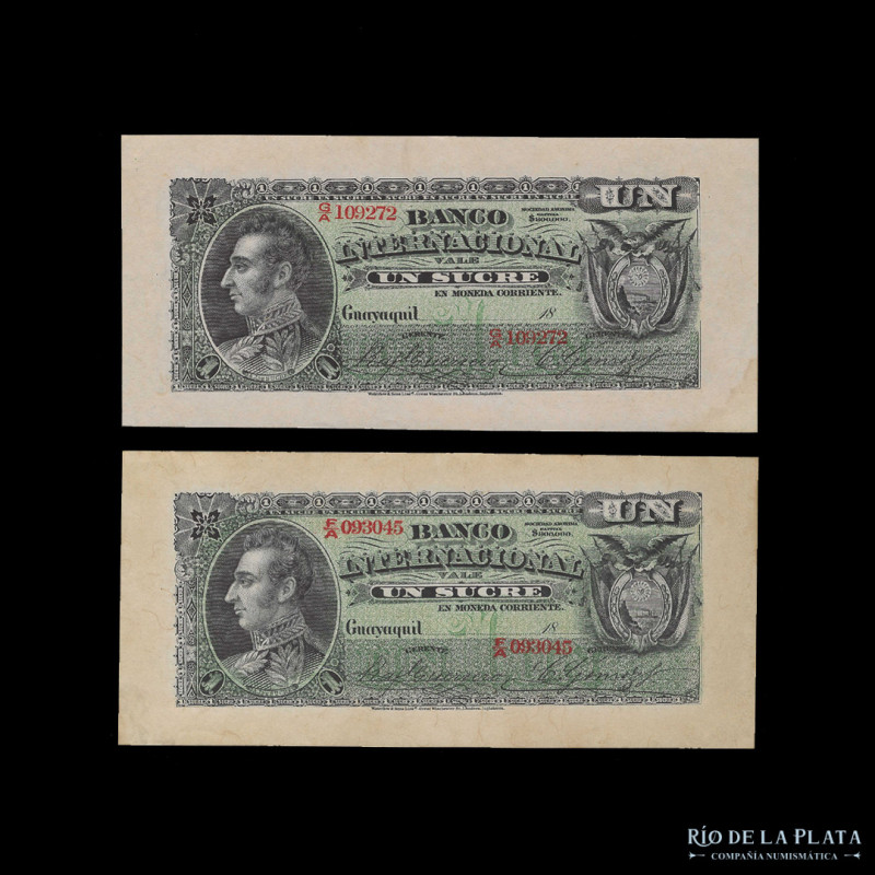 Ecuador. Banco Internacional. 2 x 1 Sucre ND1886-1894. Pick S172 (AU) Algunas ma...