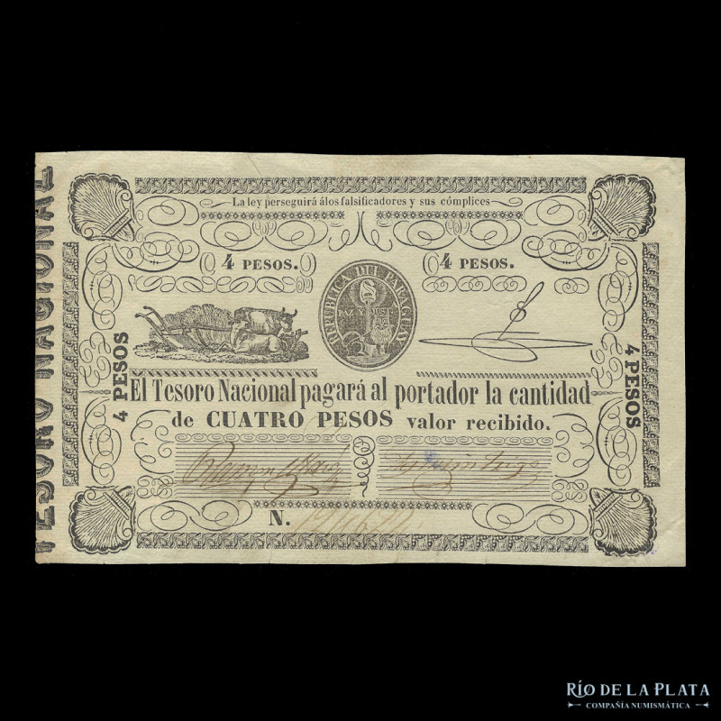 Paraguay. Tesoro Nacional. 4 Pesos ND1862. Firmas: Mazo - Trigo. Pick 16; Pratt ...