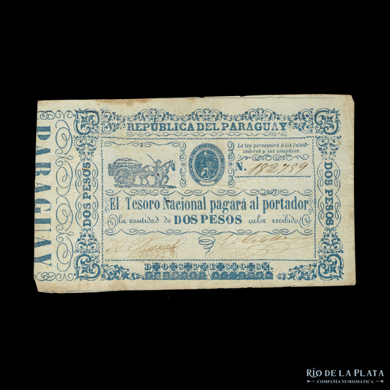 Paraguay. Tesoro Nacional. 2 Pesos ND (1865) Firmas: Ferriol - Ortellado. Pick 2...