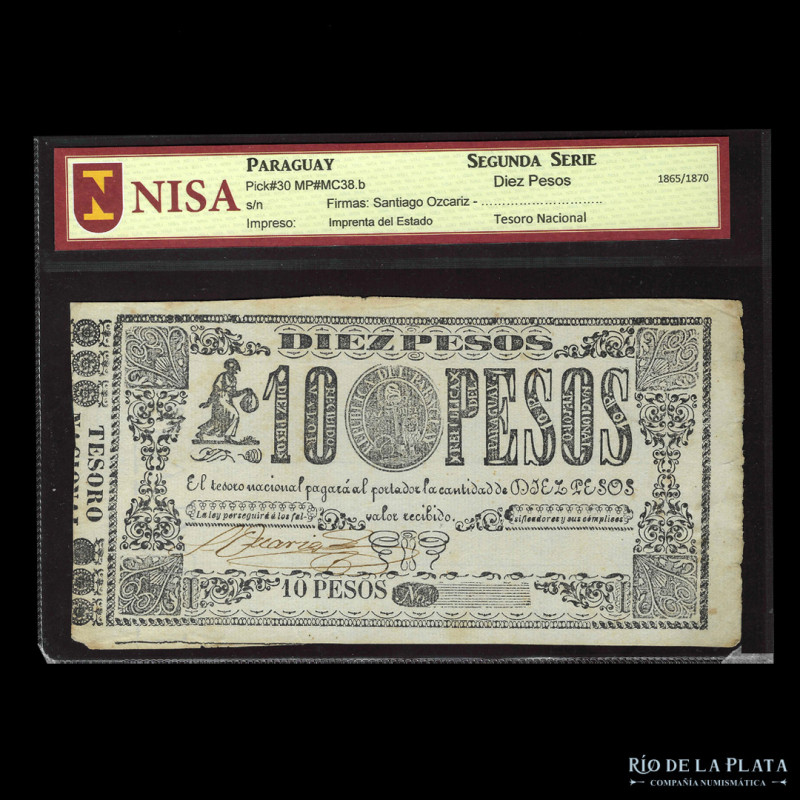 Paraguay. Tesoro Nacional. 10 Pesos ND1865-70. Firmas: Ozcariz. Pick 30; Pratt M...