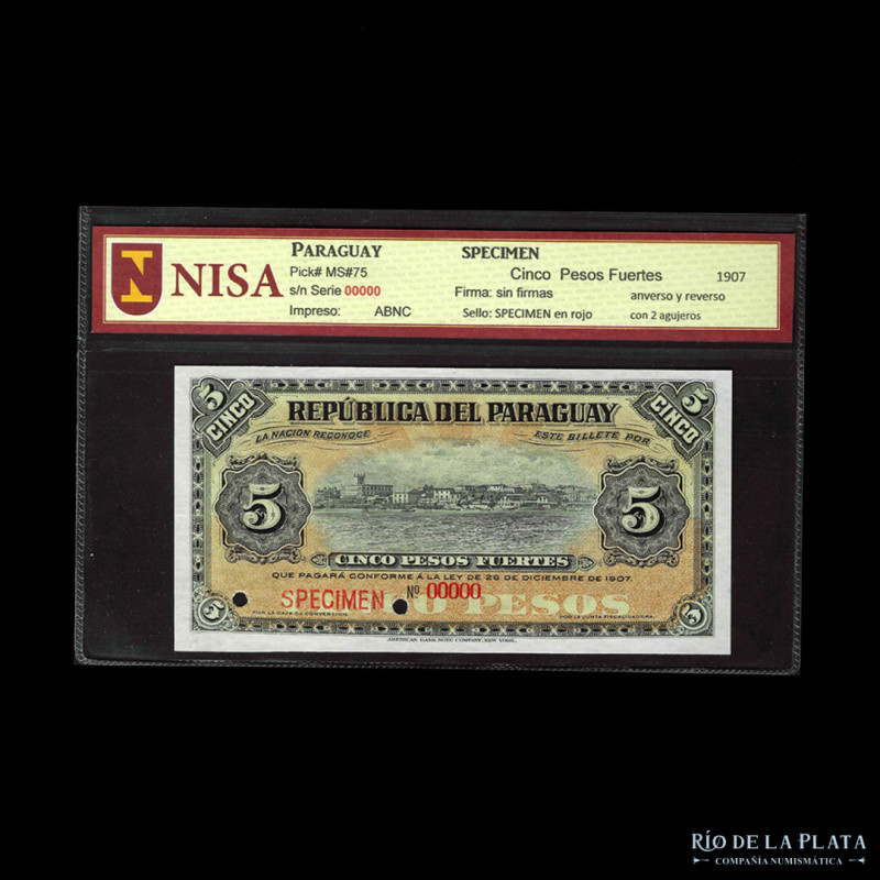 Paraguay. República del Paraguay. Specimen 5 Pesos Fuerte 1907. Resello en rojo,...