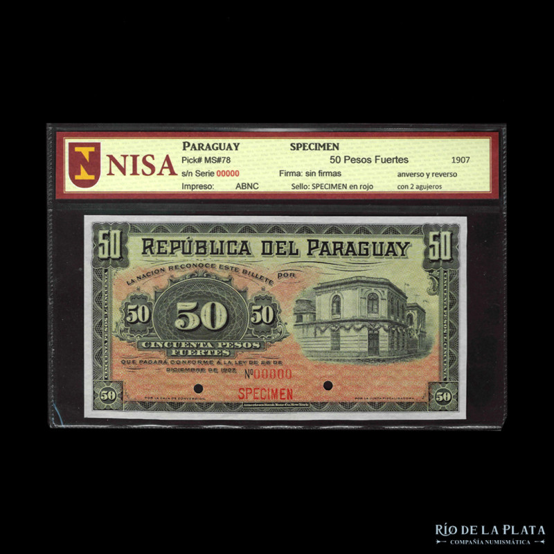 Paraguay. República del Paraguay. Specimen 50 Pesos Fuerte 1907. Resello en rojo...