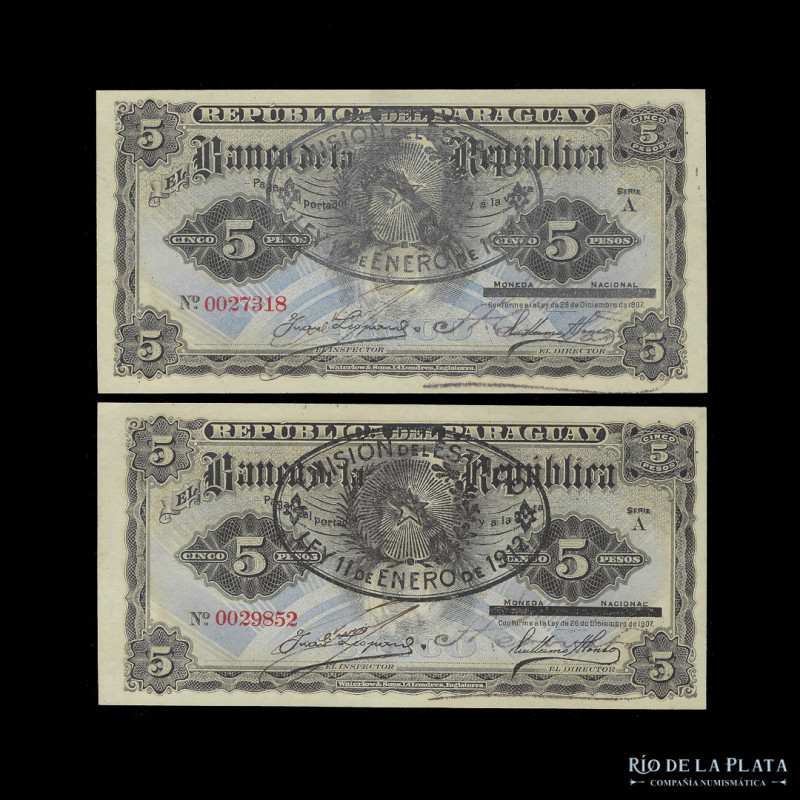 Paraguay. El Banco de la República. 2 x 5 Pesos MN 1907. Emisión Provisional, re...