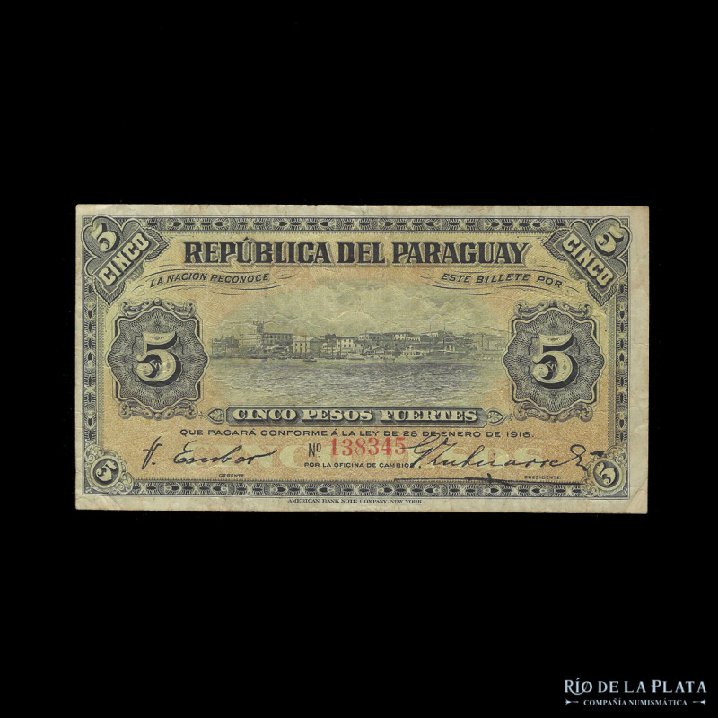 Paraguay. Oficina de Cambio. 5 Pesos Fuerte 1916. POR LA OFICINA DE CAMBIOS. Fir...