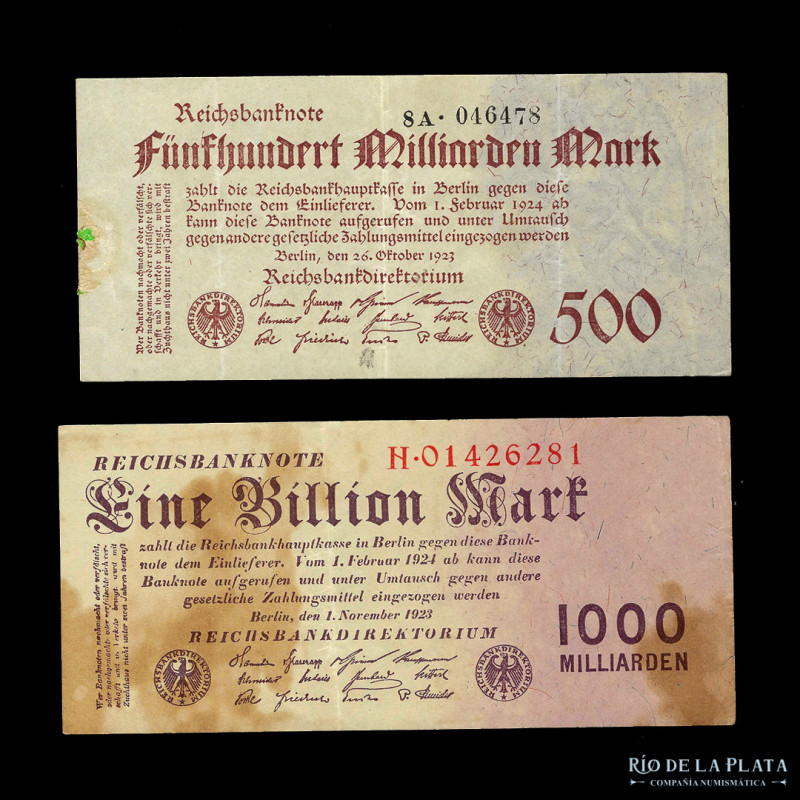 Alemania. Reichsbanknote. 500 y 1000 Millarden 1923. Pick 127 / 129 (F) Raros
...