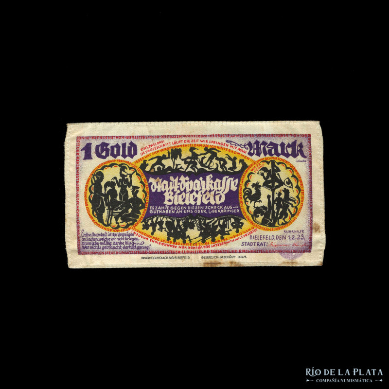 Alemania. Bielefeld, Notgeld 1 Gold Mark 1923 Seda. (VF) Algunas manchitas

US...