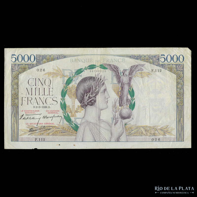 Francia. Banque de France. 5000 Francs 1939 D (02/03/1939). Pick 97 (VF) Marcas ...