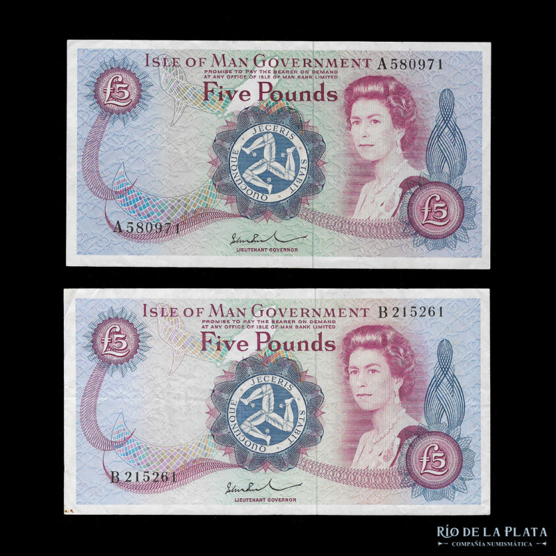 Isla de Man. 2 x 5 Pounds ND1972. Pick 30b (ambos VF+)

USD 100 - 200

Nota:...