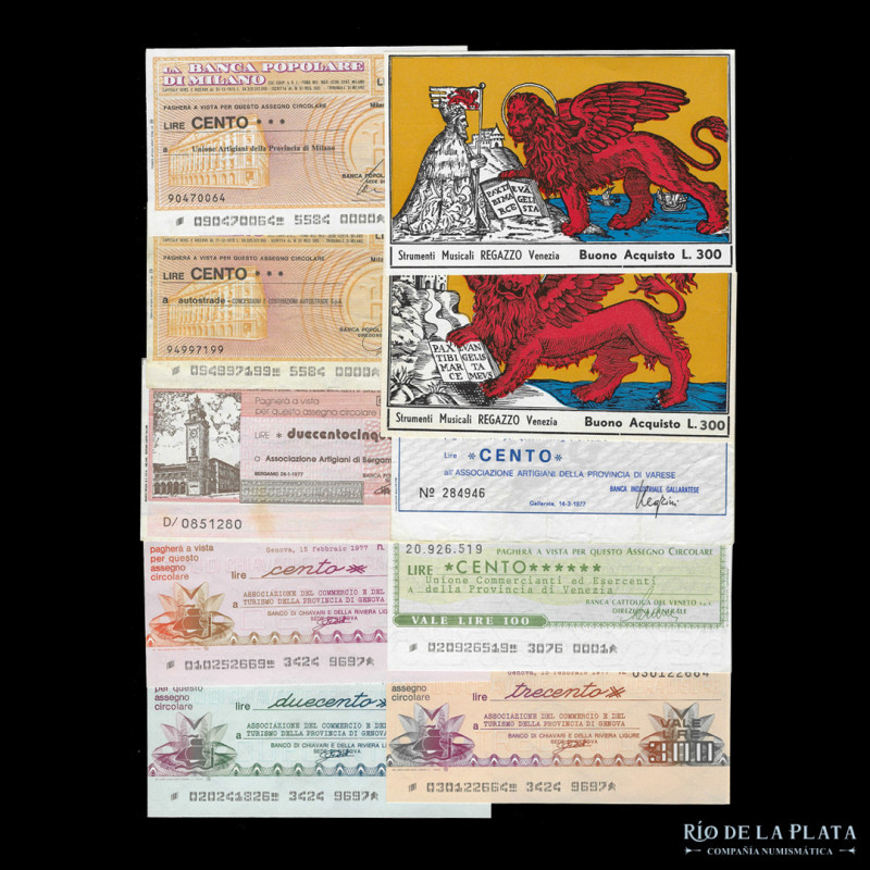 Italia. Lote x 25 Mini Assegni diferentes. Incluye denominaciones de 50, 100, 15...