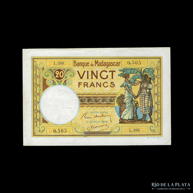 Madagascar (Colonia Francesa) 20 Francs ND1937-47. Firmas: Chaudin - Dejouany. P...