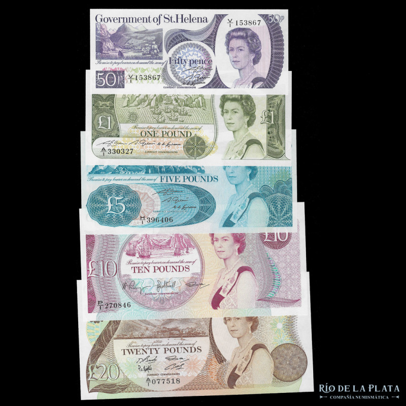 Santa Helena. Lote x 5. 50 Pence, 1, 5, 10 y 20 Pounds ND1976-1986. Pick 5a, 6, ...