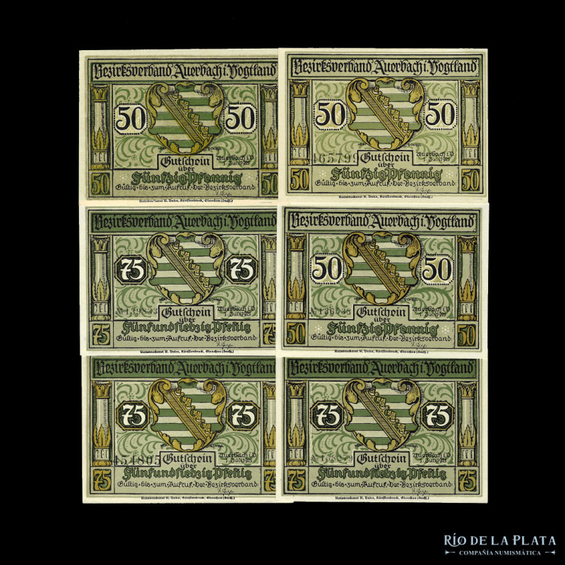 Alemania. Notgeld Auerbach i Vogtland 1921. Serie x 6. 50 y 75 Pfennig. (UNC)
...