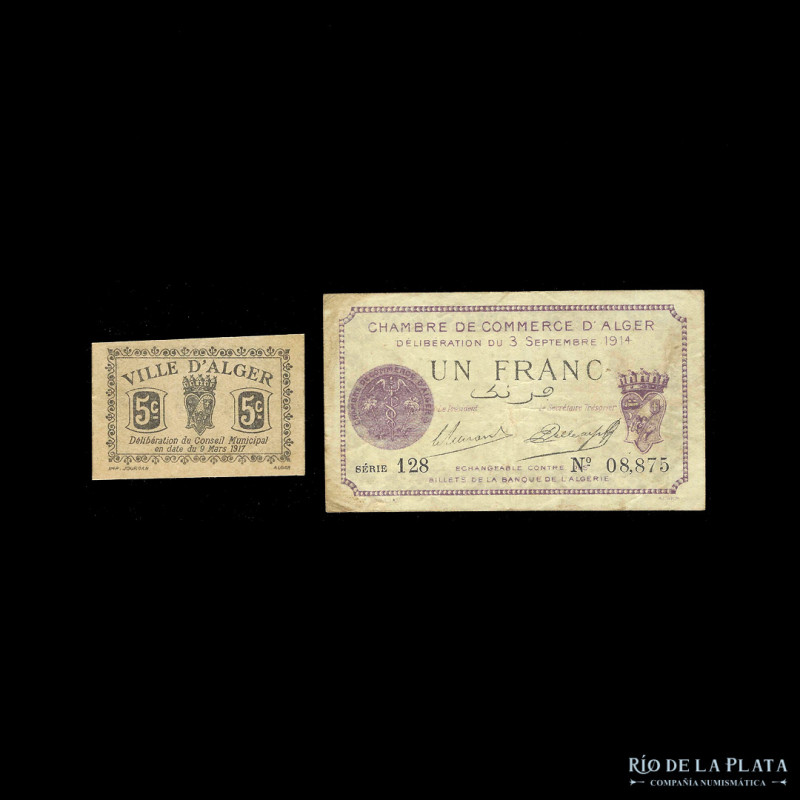 Argelia. 2 x Notgelds 1914 y 1917. Incluye: 1 Franc 1914 Chambre de Commerce d´A...