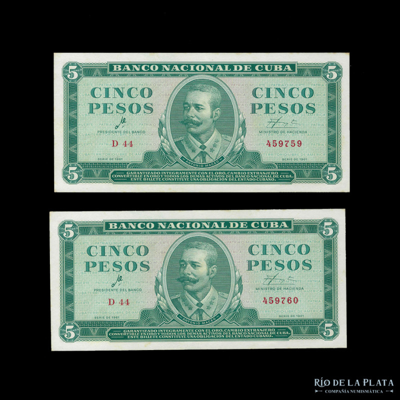 Cuba. Banco Nacional. 2 x 5 Pesos 1961 correlativos. Pick 95a (AU)

USD 25 - 5...