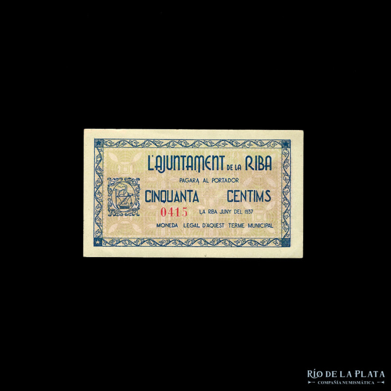 España. La Riba (Tarragona) Terma Municipal. Vale 50 Centims 1937. T 2425. (VF) ...