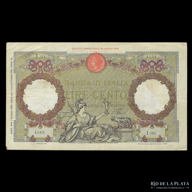 Italia. Banco de Italia. 100 Lire 1938. 01/06/1938. Firmas: Azzolini - Urbini. P...