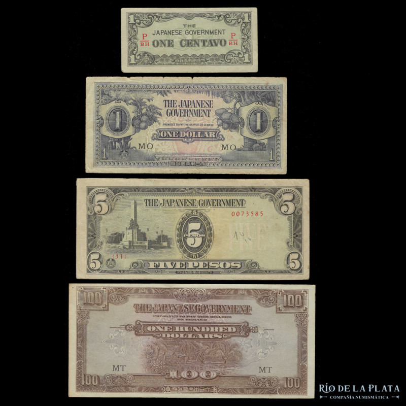 Malasia y Filipinas. Ocupación Japonesa WWII. Lote x 4 billetes diferentes 1941-...