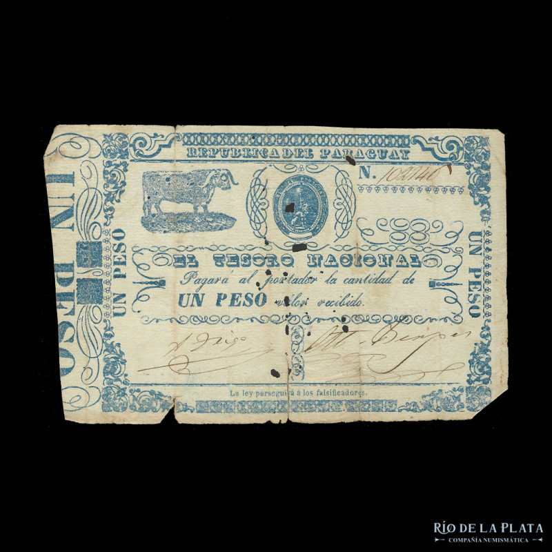 Paraguay. Tesoro Nacional. 1 Peso ND 1865. Firmas: Trigo - Berges. Pick 21; Prat...