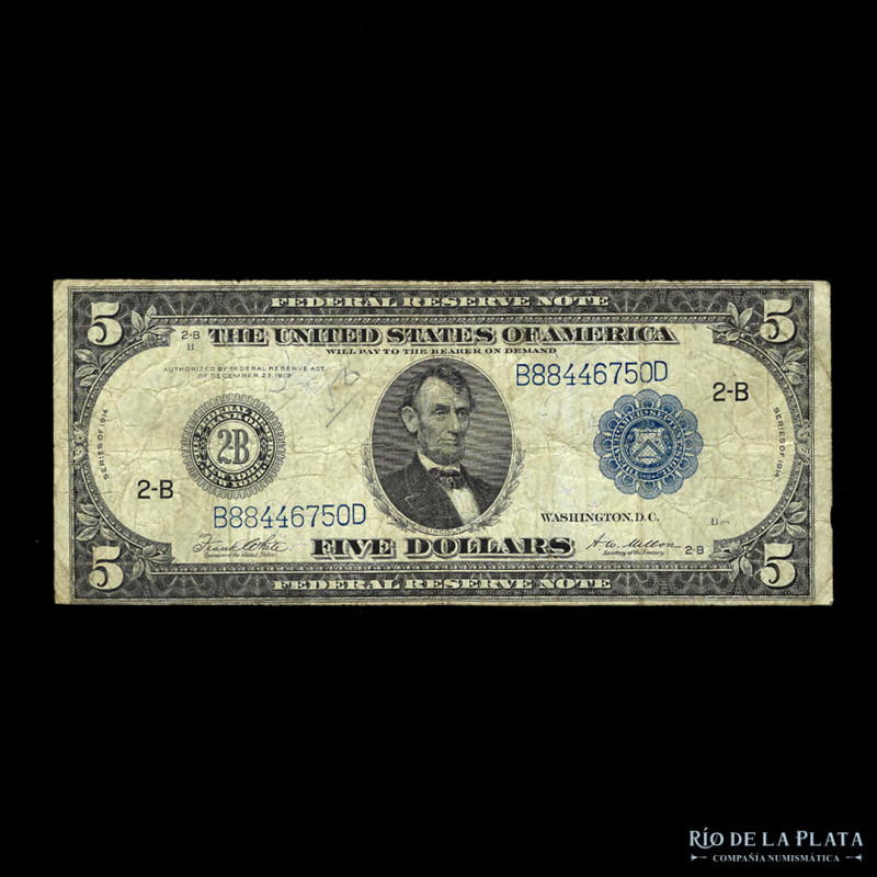 USA. Federal Reserve. 5 Dollars 1914. Large size. Sello azul. Pick 359bB (F)

...