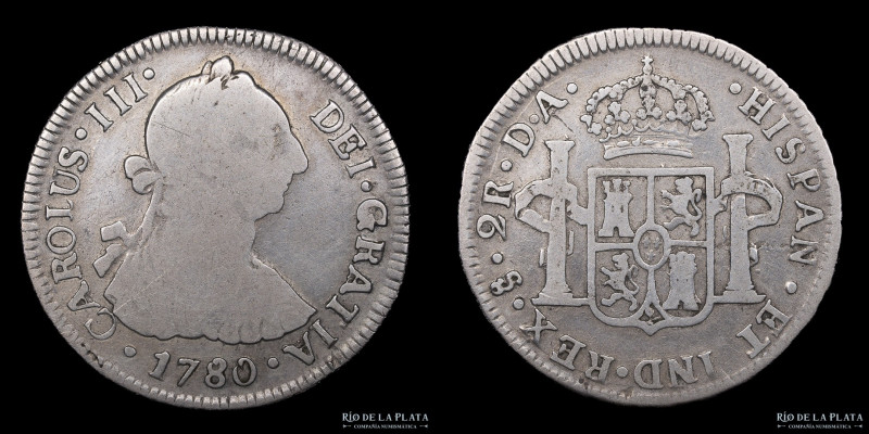 Santiago. Chile. Carlos III (1759-1788) 2 Reales 1780 DA. Doble 0. Plata 903; 27...