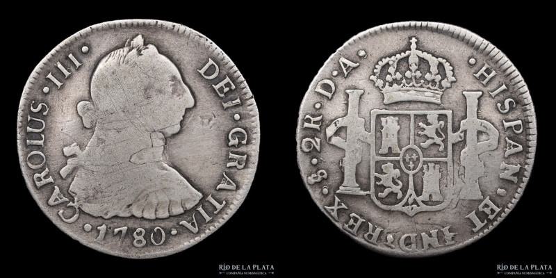 Santiago. Chile. Carlos III (1759-1788) 2 Reales 1780 DA. Plata 903; 27mm; 6.45g...