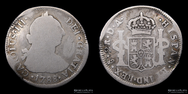 Santiago. Chile. Carlos III (1759-1788) 2 Reales 1788 DA. Plata 903; 27mm; 5.95g...