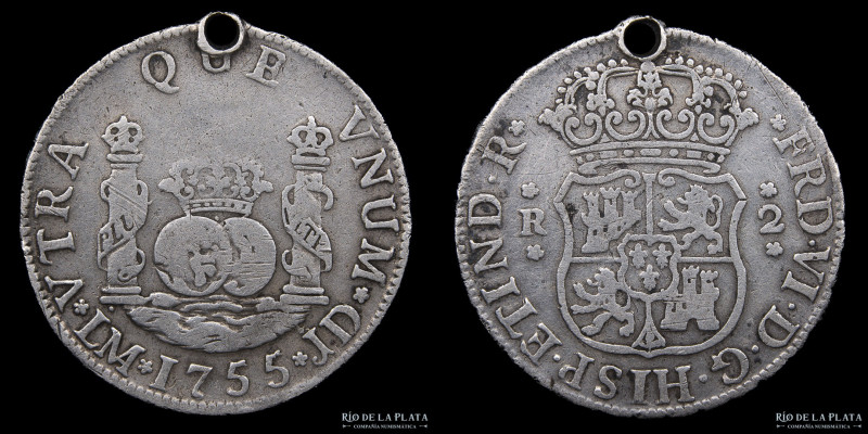 Lima (Perú) Fernando VI (1746-1759) 2 Reales 1755 J. Plata 917; 28mm; 6.27g. KM5...